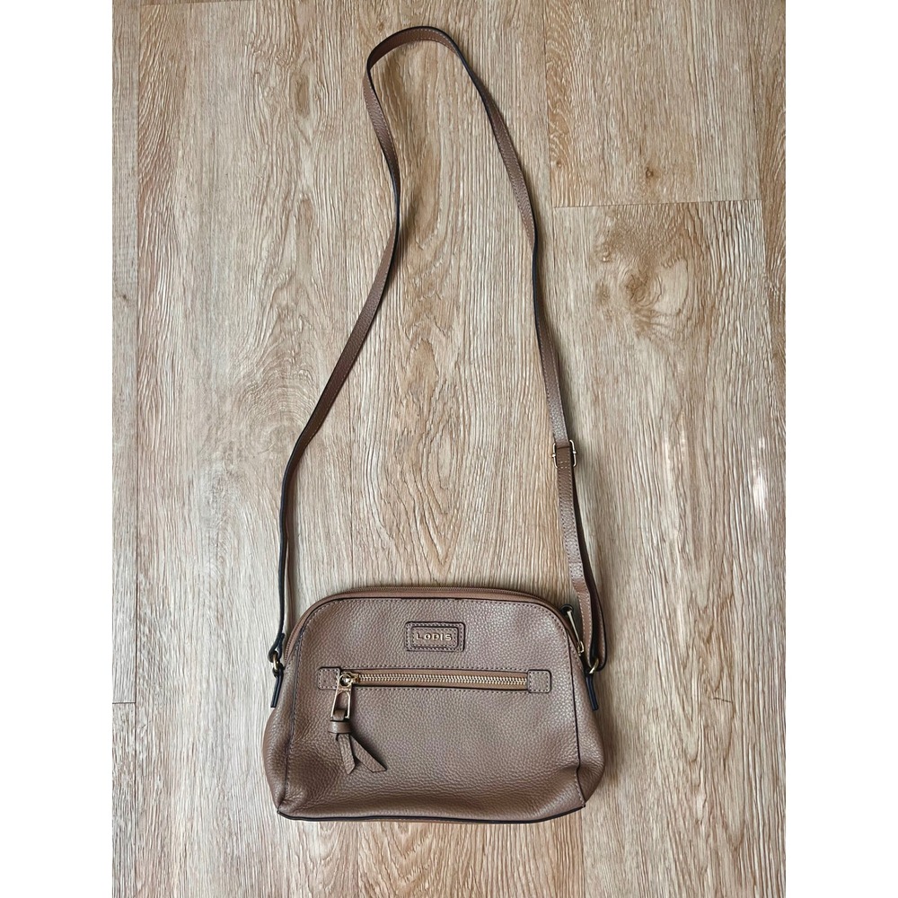 Lodis Taupe Brown Pebbled Leather Crossbody Bag Gold Hardware Floral Lining